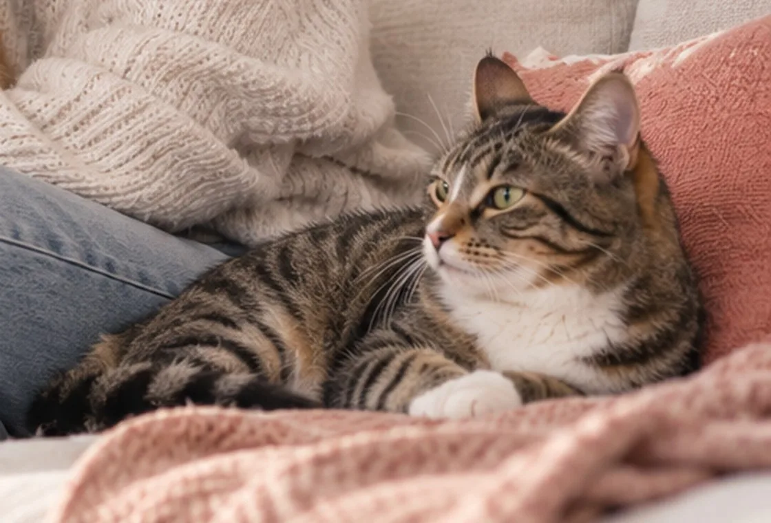 Tabby cat resting beside a person on a knitted blanket